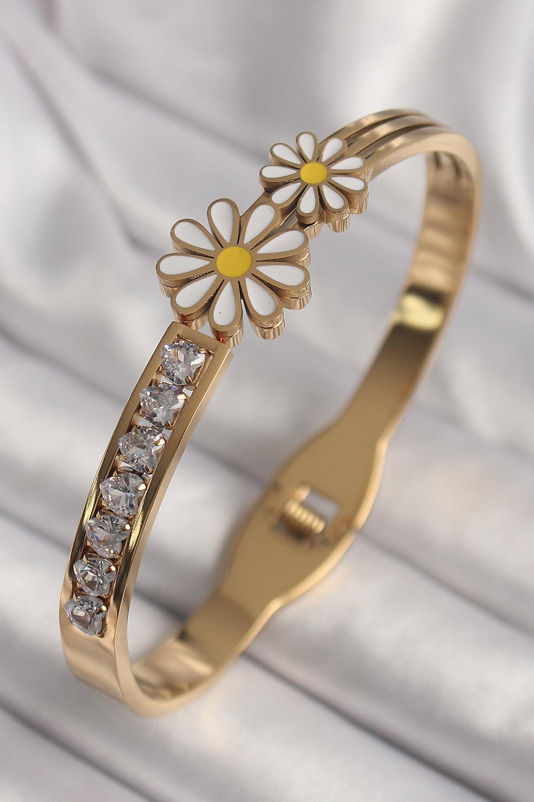 Elegance Takı - Çelik Gold Renk Zirkon Taşlı Papatya Model Kadın Kelepçe