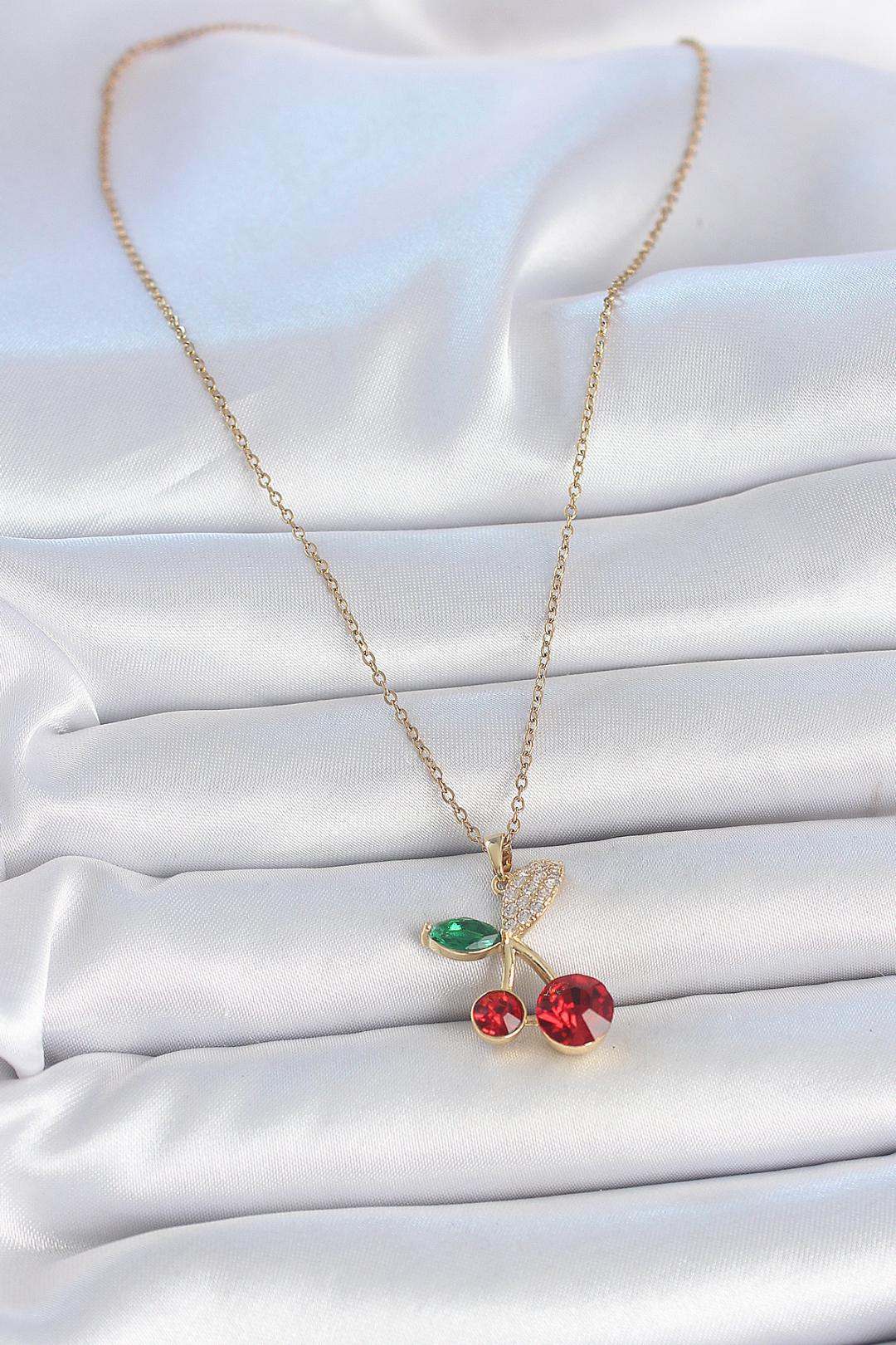 Elegance Takı - Kırmızı Zirkon Taşlı Kiraz Model Kadın Kolye